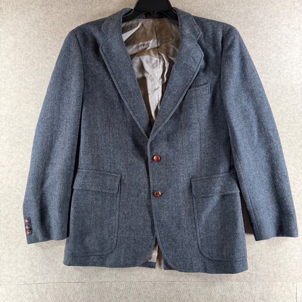 English Manor Blazer 39R Grey Herringbone Wool Sport Coat Windowpane Jacket